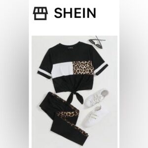 Leopard Patternblock Self-Tie Tee and Leggings Set